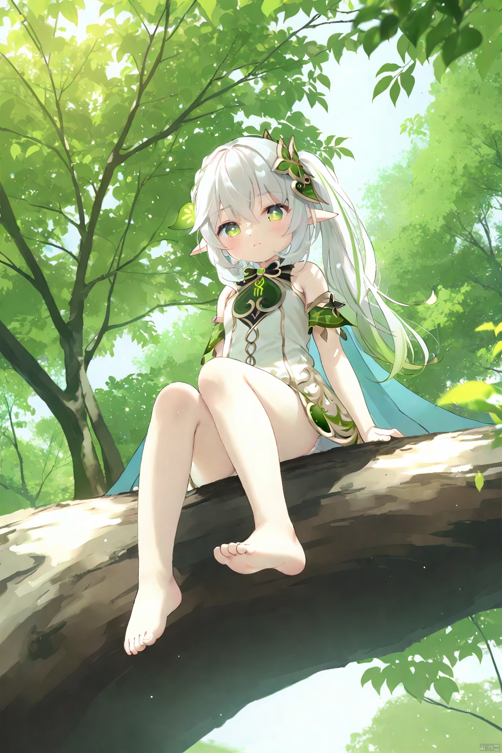  masterpiece,best quality,high quality,(colorful),[Artist miwano rag],[Artist toosaka asagi],[Artist wlop],[Artist chen bin],loli,1girl, solo, petite,loli,elf girl,pointy_ears,small breast, :),Trees, huge trees, Sitting on a branch of a tree, (chibi:0.1), masterpiece,bestquality, white hair,green hair,green eyes,symbol-shaped pupils, bangs, breasts,cross-shaped pupils, hair ornament, gradient hair,bare foot, nahida (genshin impact),