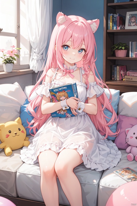 "A cute and energetic cat girl, she has long soft pink hair with slightly curled tips, as light as cotton candy. Her cat ears are small and delicate, and the furry edges glow softly in the sun. She Her eyes are large and bright, with pupils showing the unique oval shape of a cat's eye, shining with curiosity and innocence, and the corners of her eyes are slightly raised, revealing a hint of playfulness.
​
She wore a white dress with a bow and lace trim. The skirt was light and flowing, as soft as a cloud. The neckline and cuffs of the dress are decorated with delicate ruffles, adding a sweetness and elegance. She wore a pair of delicate pink Mary Janes, dotted with tiny pearls that matched her pink hair.
​
There was a faint blush on her cheeks, and a sweet smile hung on the corner of her mouth, revealing two small tiger teeth, making her look even more playful and cute. Her hands gently held a plush toy ball with her favorite cartoon pattern on it.
​
The background is a warm candy-colored room, with colorful balloons and flower patterns hanging on the walls, and bookshelves filled with all kinds of cute dolls and comic books. There is a soft pink sofa in the corner of the room, with several colorful pillows scattered on it. The whole scene is filled with a warm and joyful atmosphere, as if you can hear the cat lady's brisk footsteps and her silver bell-like laughter. "