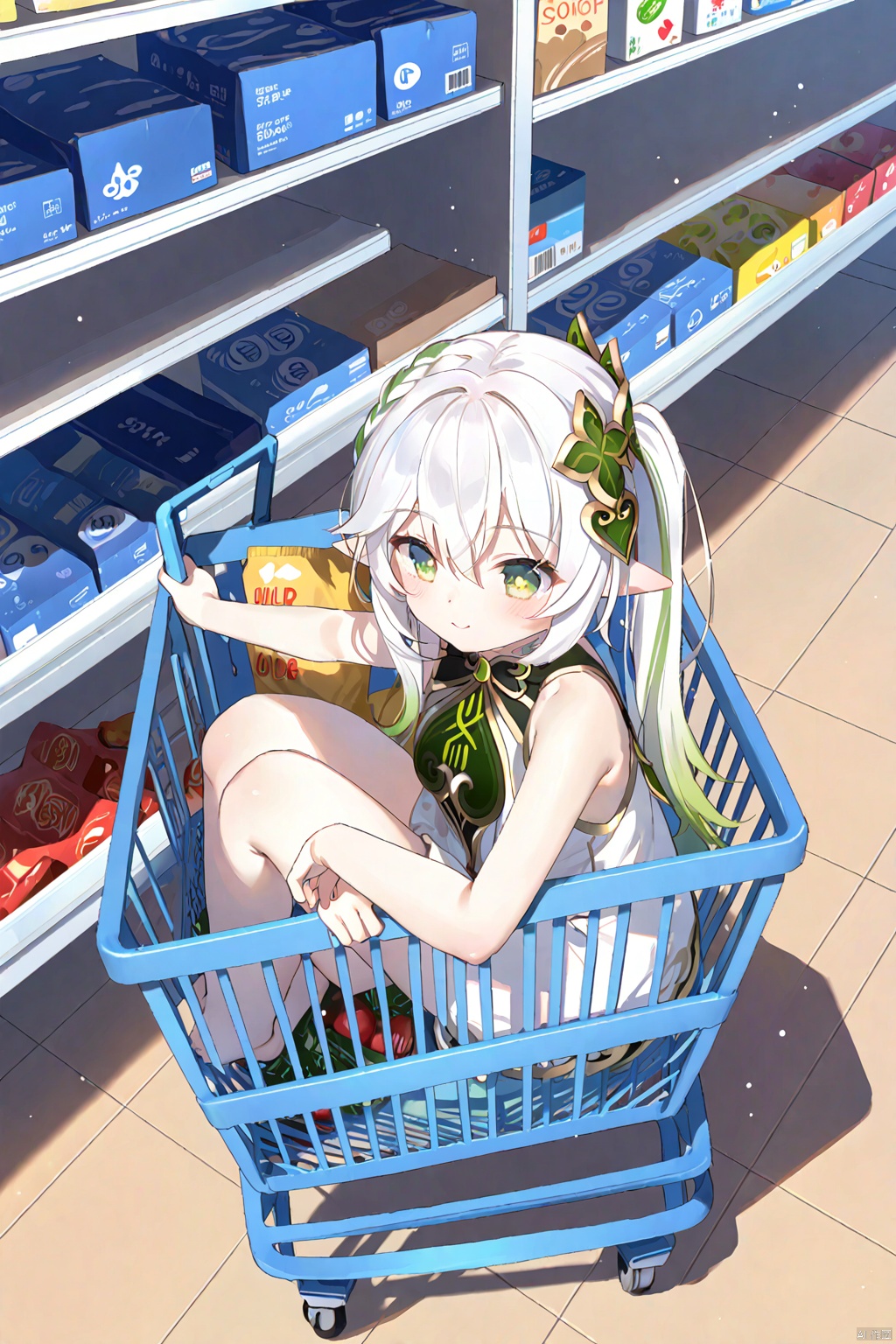  masterpiece,best quality,high quality,(colorful),[Artist miwano rag],[Artist toosaka asagi],[Artist wlop],[Artist chen bin],loli,1girl, solo, petite,loli,elf girl,pointy_ears,small breast, :),Supermarket, shelves, shopping cart, push shopping difference, select products,shopping, (chibi:0.1), masterpiece,bestquality, white hair,green hair,green eyes,symbol-shaped pupils, bangs, breasts,cross-shaped pupils, hair ornament, gradient hair,bare foot, nahida (genshin impact),