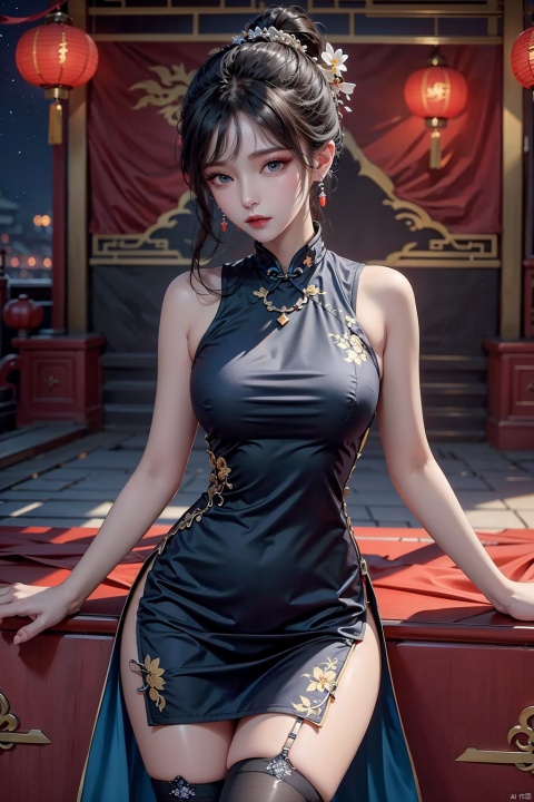 1 girl, black hair, blue eyes, princess style, hairpin, earrings, necklace, jewelry, Chinese cheongsam, (half portrait), (thigh), lights, night. Hair tied up, flowers in hand, imperial city, stockings, random colors, chinese dress