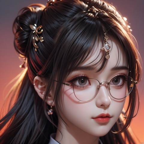 A girl with two buns in her hair, wearing glasses, a headband, and a cute expression.profile picture，front portrait