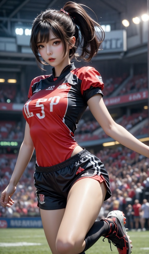 Here is a description of a female football player:
 
She stands tall and strong on the field, with a fit and athletic figure. Her short hair is neatly styled, and her face is tanned and filled with determination. Her eyes shine with a fierce and focused light, as if she's ready to take on any challenge. She wears a colorful football jersey that hugs her body tightly, showing her toned muscles. Her shorts are snug, allowing her to move freely and agilely. On her feet are a pair of specialized football boots, ready to sprint and kick with power. She holds the football firmly in her hands, exuding a sense of confidence and control.