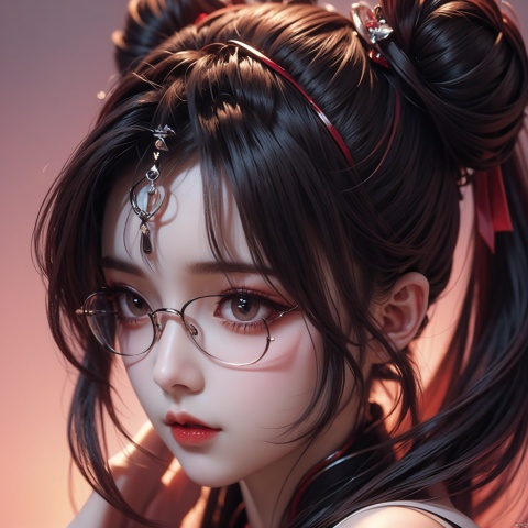 A girl with two buns in her hair, wearing glasses, a headband, and a cute expression.profile picture，front portrait