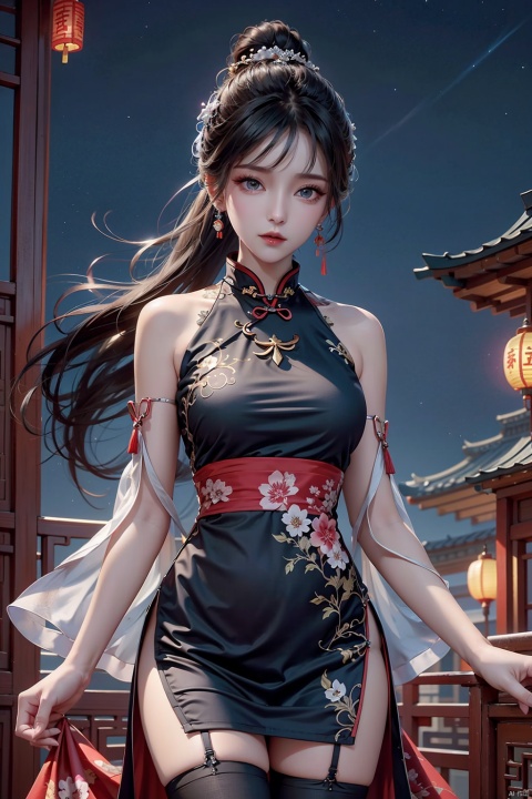 1 girl, black hair, blue eyes, princess style, hairpin, earrings, necklace, jewelry, Chinese cheongsam, (half portrait), (thigh), lights, night. Hair tied up, flowers in hand, imperial city, stockings, random colors, chinese dress