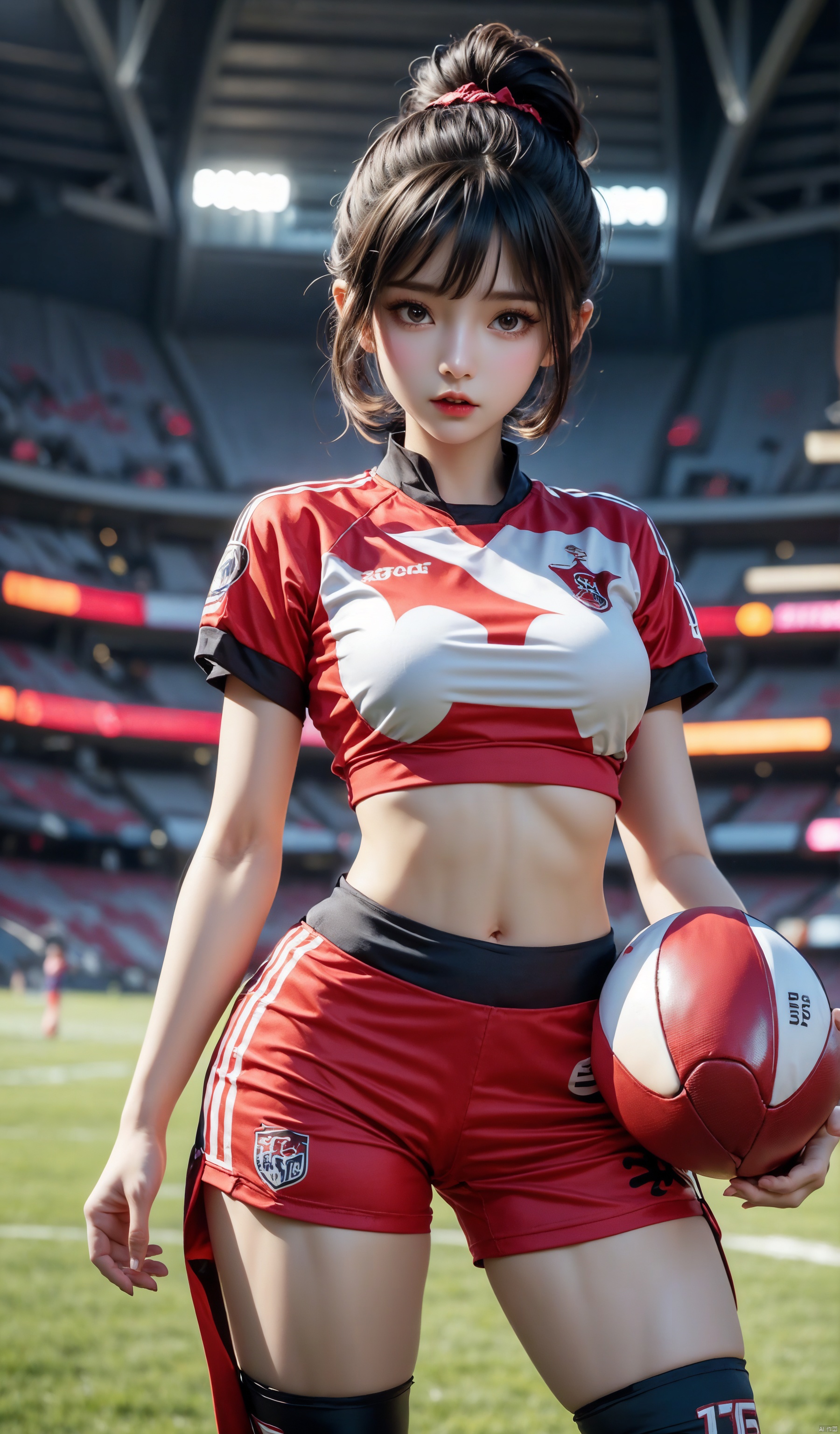 Here is a description of a female football player:
 
She stands tall and strong on the field, with a fit and athletic figure. Her short hair is neatly styled, and her face is tanned and filled with determination. Her eyes shine with a fierce and focused light, as if she's ready to take on any challenge. She wears a colorful football jersey that hugs her body tightly, showing her toned muscles. Her shorts are snug, allowing her to move freely and agilely. On her feet are a pair of specialized football boots, ready to sprint and kick with power. She holds the football firmly in her hands, exuding a sense of confidence and control.