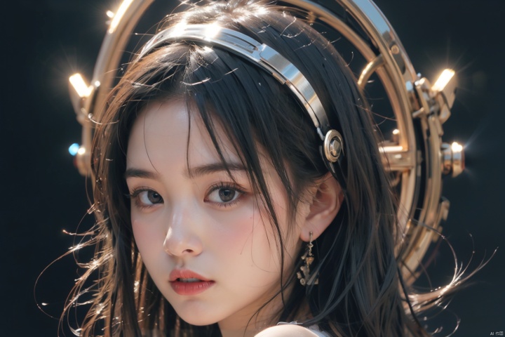  Best quality,masterpiece,ultra high res,(photorealistic:1.4),raw photo,(a 18-year-old girl), 1girl,solo,black hair,longhair,jewelry,bangs,lookingatviewer,bluntbangs,upperbody,lips,straighthair,closedmouth,blackbackground,redlips,beads,moyou,eluosi,光影对比,阳光照在脸上,superlonglegs,skinny,pantyhose,sssr,whitethighhighs,,紧身衣,丝袜连体衣,1girl,dofas,超高跟鞋,machinery,机甲,机枪,枪炮, robot girl