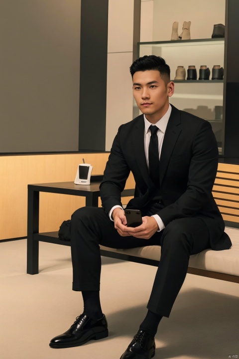  solo, looking at viewer, short hair, brown hair, shirt, 1boy, jacket, full body, male focus, necktie, shoes, socks, collared shirt, belt, pants, black footwear, black jacket, chair, phone, black pants, formal, suit, holding phone, black suit, jzns,flm, LianmoNan,Shiny leather shoes,20 years old young man,Long legs, handsome men, young men, strong men,show shoes,
