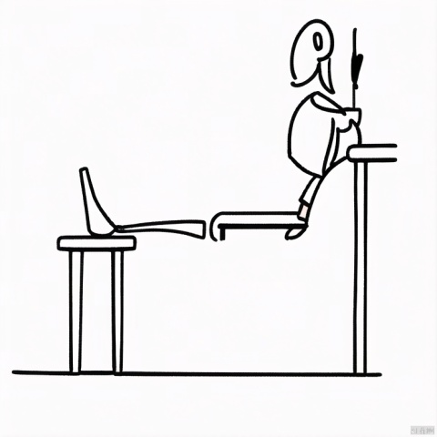 A person stands with his back against the table, his hands on the table, his feet on the chair, and his elbows bent.