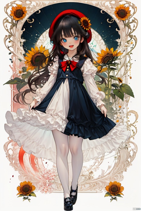 1girl, solo, long hair, looking at viewer, blush, smile, open mouth, bangs, blue eyes, simple background, brown hair, shirt, hair ornament, long sleeves, hat, white background, dress, standing, full body, white shirt, flower, :d, pantyhose, shoes, puffy sleeves, collared shirt, hair flower, orange hair, fruit, blue dress, beret, watermark, aged down, red footwear, child, mary janes, blue headwear, puffy long sleeves, white pantyhose, yellow flower, sunflower, female child, sunflower hair ornament