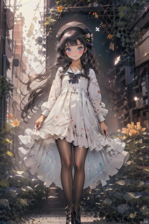 1girl, solo, long hair, looking at viewer, blush, smile, open mouth, bangs, blue eyes, simple background, brown hair, shirt, hair ornament, long sleeves, hat, white background, dress, standing, full body, white shirt, flower, :d, pantyhose, shoes, puffy sleeves, collared shirt, hair flower, orange hair, fruit, blue dress, beret, watermark, aged down, red footwear, child, mary janes, blue headwear, puffy long sleeves, white pantyhose, yellow flower, sunflower, female child, sunflower hair ornament