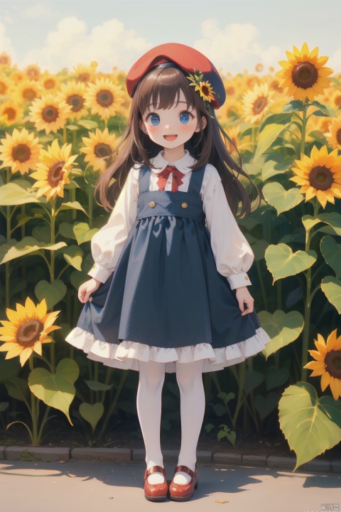 1girl, solo, long hair, looking at viewer, blush, smile, open mouth, bangs, blue eyes, simple background, brown hair, shirt, hair ornament, long sleeves, hat, white background, dress, standing, full body, white shirt, flower, :d, pantyhose, shoes, puffy sleeves, collared shirt, hair flower, orange hair, fruit, blue dress, beret, watermark, aged down, red footwear,mary janes, blue headwear, puffy long sleeves, white pantyhose, yellow flower, sunflower, female child, sunflower hair ornament, meiren-red lips, jungle background