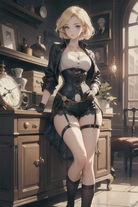 A female character with blonde hair and blue eyes, dressed in exquisite black steampunk attire, including a tight fitting corset adorned with lace, gold pocket watch pendant, black suspender shorts, long socks, and gloves. She is immersed in an indoor environment full of retro charm: