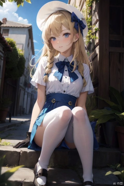 A serene anime scene unfolds: a blonde girl with braids donning a crisp white sailor top and blue dress poses amidst a lush backdrop of blue sky, fluffy white clouds, and vibrant plants. Her outfit is complete with a blue bow tie, long stockings, and leather shoes. A blue bow headband and white hat adorn her head, while her hands remain gloveless. The ultra-high definition image showcases the intricate details of her attire and the whimsical atmosphere of the setting.