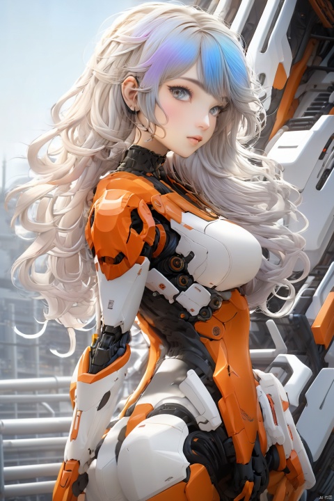  1girl,gradient hair,multicolored hair,Hips,thighs,
gray background,
gradient mecha,multicolored mecha,