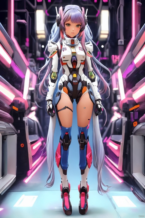  1girl,gradient hair,multicolored hair,Hips,thighs,
gray background,
cool mecha,gradient mecha,multicolored mecha, ,Gundam girl,cyberpunkAI,fbot,mecha,in cockpit,Cyberpunk,weilai01
