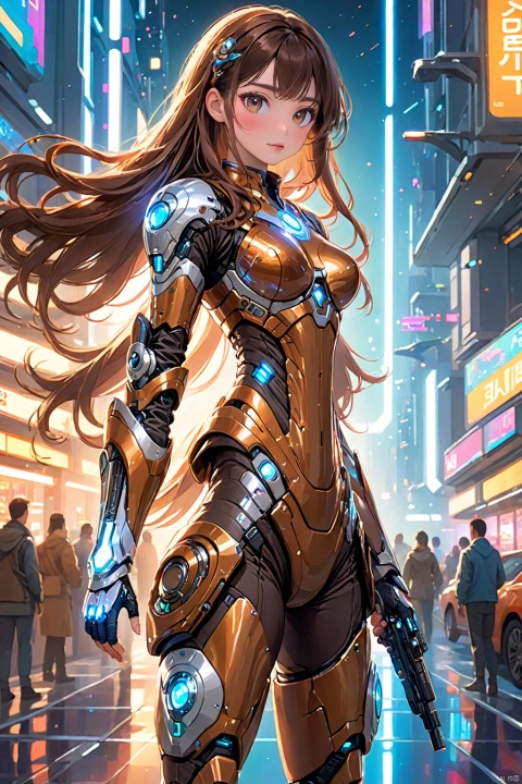 ((masterpiece)),((best quality)),8k,high detailed,ultra-detailed,girl,solo,weapon,firearm,long hair,fingerless gloves,gloves,brown hair,(full body:1.66),looking directly at the camera,(wearing futuristic, light-painted powered exosuit, adorned with glowing circuits, showcasing a mesmerizing iridescent effect),brown eyes,boots,(realism:1.4),smiling,lifelike,intricate details,(science fiction:1.66) lighting effects,rich colors,vibrant colors,ulzzang,
﻿