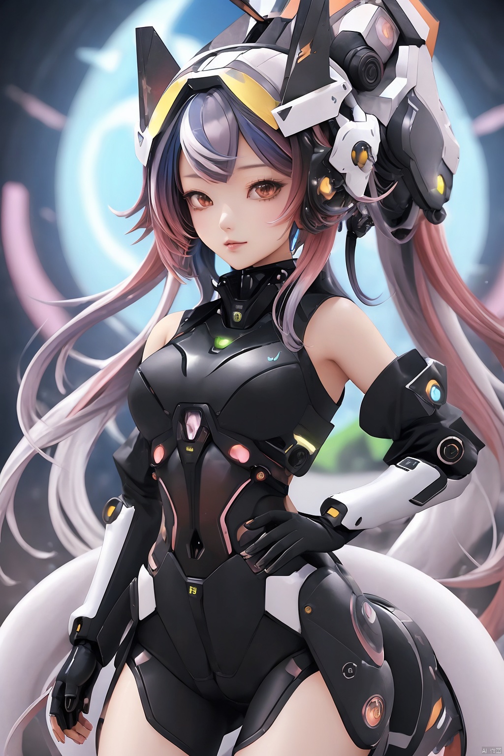  1girl,gradient hair,multicolored hair,Hips,thighs,
gray background,
gradient mecha,multicolored mecha, mecah dragon