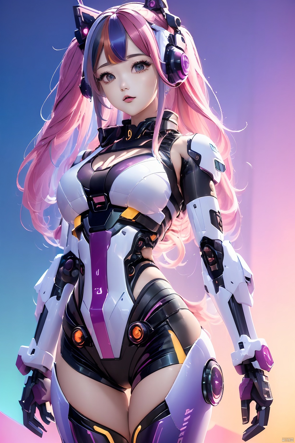  1girl,gradient hair,multicolored hair,Hips,thighs,
gray background,
cool mecha,gradient mecha,multicolored mecha, BJ_Gundam,robot girl,机械耳机