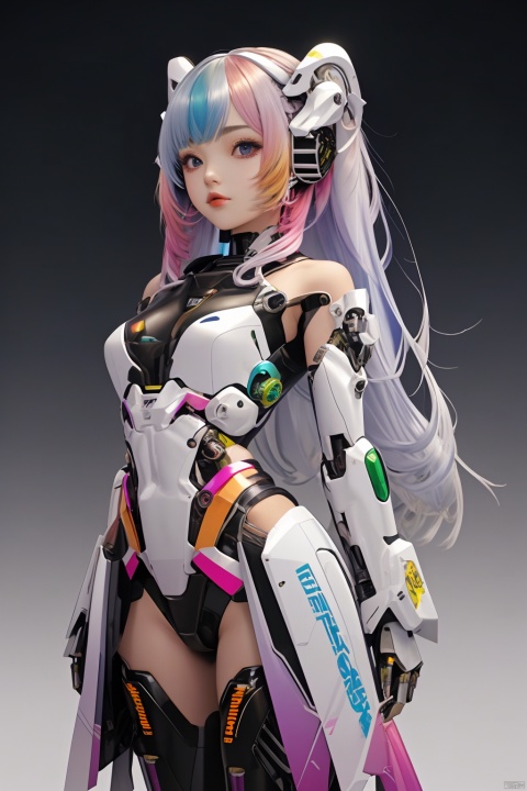 1girl,gradient hair,multicolored hair,Hips,thighs,
arms behind back , 
gray background,
gradient mecha,multicolored mecha,