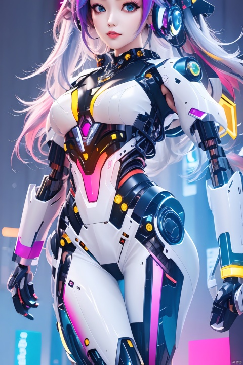  1girl,gradient hair,multicolored hair,Hips,thighs,
gray background,
gradient mecha,multicolored mecha,