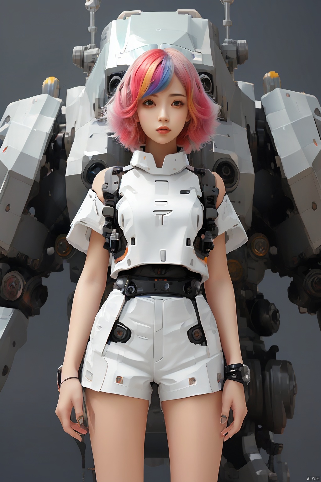  1girl,gradient hair,multicolored hair,Hips,thighs,
gray background,
gradient mecha,multicolored mecha,