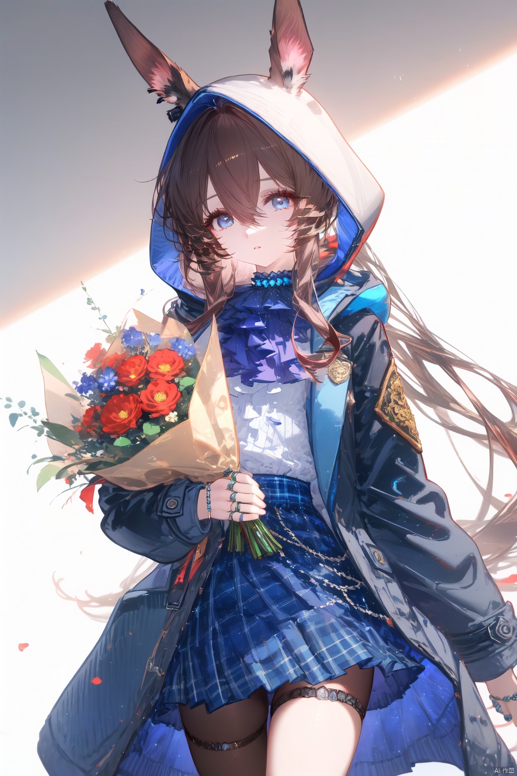 (masterpiece),(best quality),illustration,ultra detailed,hdr,Depth of field,(colorful),[Artist iumu],[Artist Sheya],[Artist chen bin],solo, 1girl, amiya (arknights), animal ears, rabbit ears, blue eyes, brown hair, skirt, long hair, holding, looking at viewer, ring, open clothes, jacket, flower, jewelry, multiple rings, ponytail, cowboy shot, blue theme, ascot, white background, long sleeves, blue skirt, sidelocks, holding bouquet, bouquet, hair between eyes, open jacket, plaid skirt, plaid, simple background, blue ascot, hood, parted lips, black jacket, coat, open coat,amiya_(arknights)