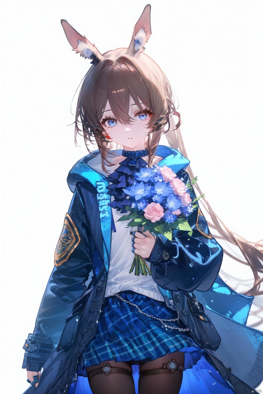 (masterpiece),(best quality),illustration,ultra detailed,hdr,Depth of field,(colorful),[Artist iumu],[Artist Sheya],[Artist chen bin],solo, 1girl, amiya (arknights), animal ears, rabbit ears, blue eyes, brown hair, skirt, long hair, holding, looking at viewer, ring, open clothes, jacket, flower, jewelry, multiple rings, ponytail, cowboy shot, blue theme, ascot, white background, long sleeves, blue skirt, sidelocks, holding bouquet, bouquet, hair between eyes, open jacket, plaid skirt, plaid, simple background, blue ascot, hood, parted lips, black jacket, coat, open coat,amiya_(arknights)
