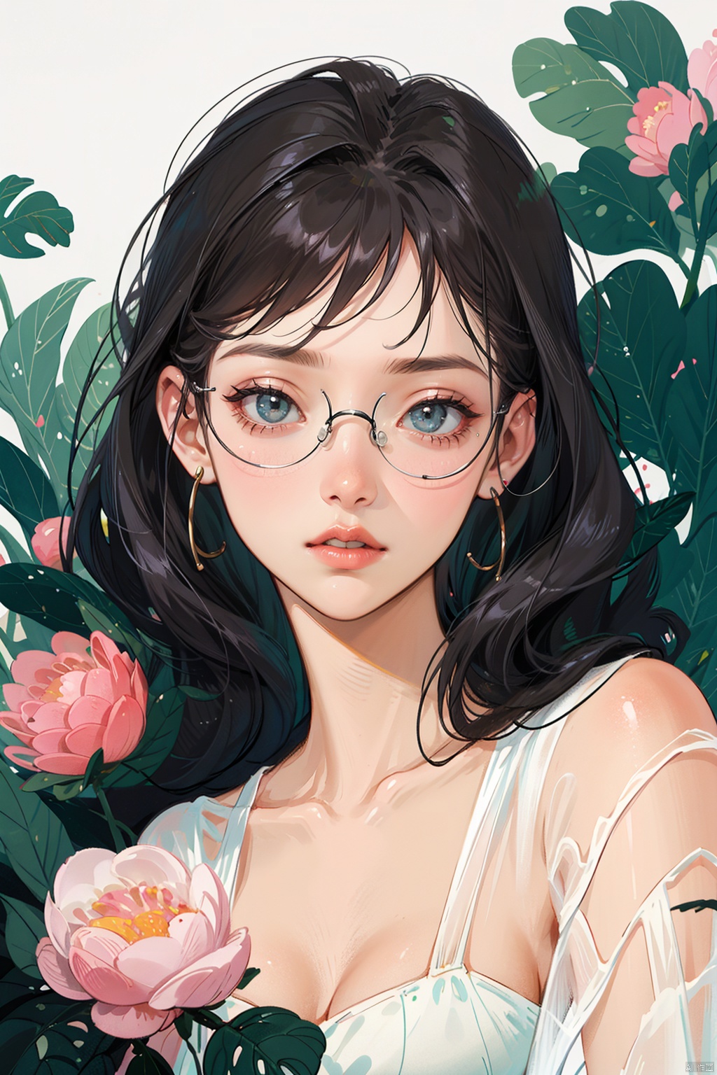Brunette girl, thin-rimmed glasses, roses, top light