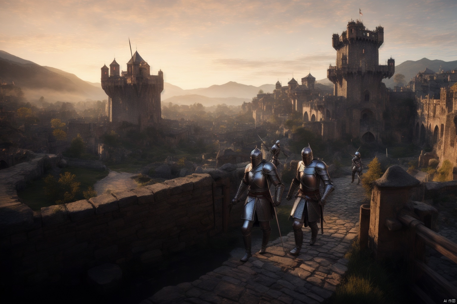 A wide-angle, slightly aerial view of a majestic European medieval castle at dusk. The castle is surrounded by a moat and features towering stone walls with turrets silhouetted against an orange-yellow sky. A pair of armored knights, each wearing a steel helmet and carrying a lance, confidently emerge from an open gate along a cobblestone path. Their cloaks billow behind them, conveying a sense of motion and determination. The castle's architecture is intricate with visible arches and arrow slits, while distant mountains add depth to the scene. The soft lighting of twilight bathes the knights and the surrounding landscape in warm gold hues, ancient architecture