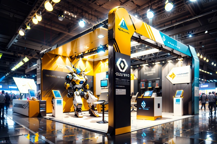 New Energy Corporation: New Energy Corporation
Yellow and White Color Palette: Yellow and White Color Palette
Exhibition Stand Design: Futuristic and Impressive Exhibition Stand Design
Technological Elegance and Grandeur: Technological Elegance and Grandeur
Product Showcase: Product Showcase
Interactive Experience: Interactive Engagement, mecha_robot