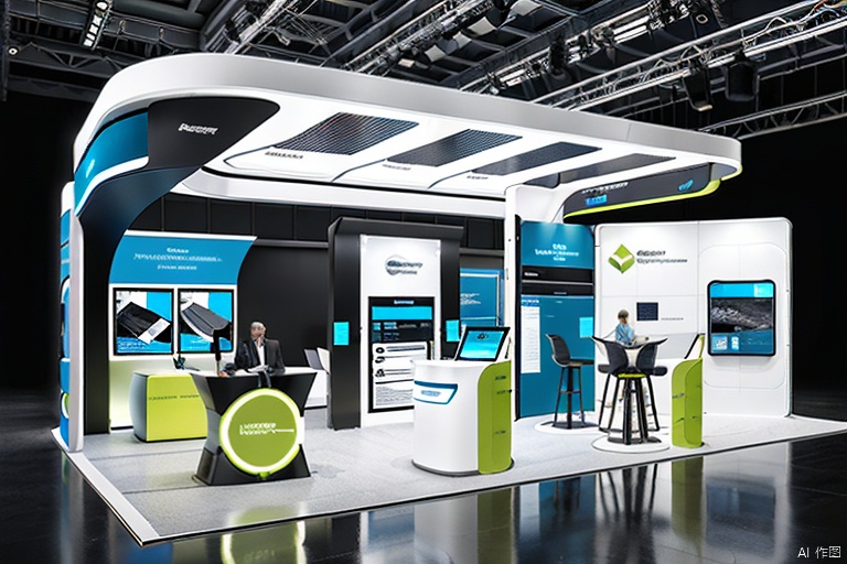 Wind energy category, New Energy Corporation,Futuristic and Impressive Exhibition Stand Design,Technological Elegance and Grandeur, Product Showcase,Interactive Engagement,Open layout,Yellow and White Color Palette


