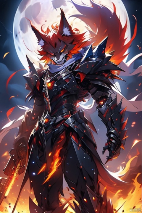 Werewolf,Fire,Red hair,Wolf Armor,Death,cinematic lighting,night,moon,full moon,scarf,evil smile,looking down