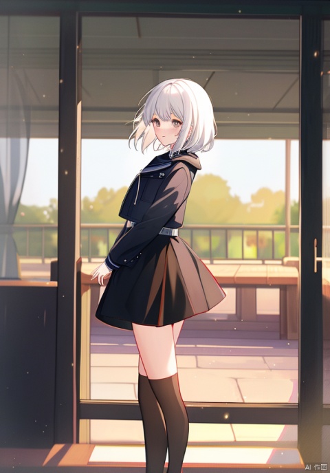 Best quality, masterpiece, white hair, beautiful girl, short skirt, looking at the audience, front view, black stockings, with gaps in thighs