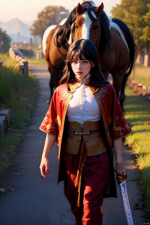 A man in his thirties, holding a sword in his hand, wearing ancient Chinese clothing and long hair. Leading a horse. Walking on an ancient road with a slightly lonely background