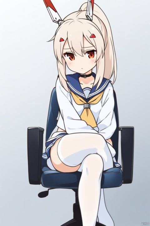 ayanami \(azur lane\)   A shy face    White stockings    Slender thighs    White cute sailor suit   Cross your legs   High ponytail Sitting in a chair thinking about pornographic things     