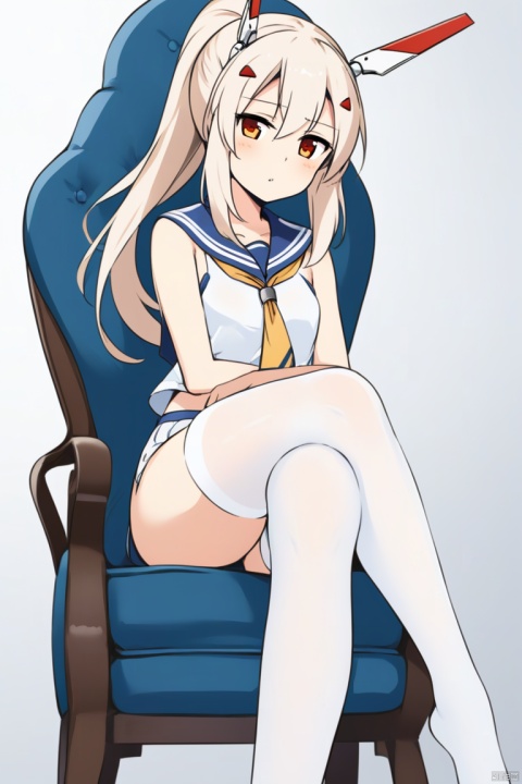 ayanami \(azur lane\)   A shy face    White stockings    Slender thighs    White cute sailor suit   Cross your legs   High ponytail Sitting in a chair thinking about pornographic things     