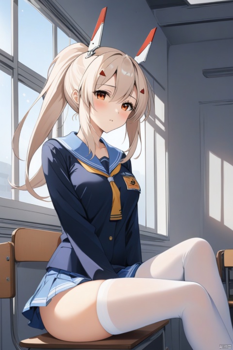 ayanami \(azur lane\)·A shy face ·cleavage·White stockings·Student uniforms·President of the Student Union·High ponytail·Upright breasts·Slender and beautiful legs·Cute bow leg loop·Background in the classroom·Sitting next to the window·Crosslegged with raised legs·Little Bear Underpants·Half exposed teddy bear underwear·