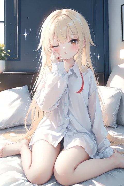 （ayanami \(azur lane\),masterpiece,best quality,high quality,(colorful),[Artist miwano rag],[Artist toosaka asagi],[Artist wlop],[Artist chen bin],loli,1girl, solo, rubbing eyes, shirt, long hair, one eye closed, sitting, wariza, dress shirt, very long hair, parted lips, collared shirt, sleeves past wrists, pillow, long sleeves, bangs, curtains, looking at viewer, waking up, hand up, white shirt, blonde hair, brown eyes, blush, sparkle