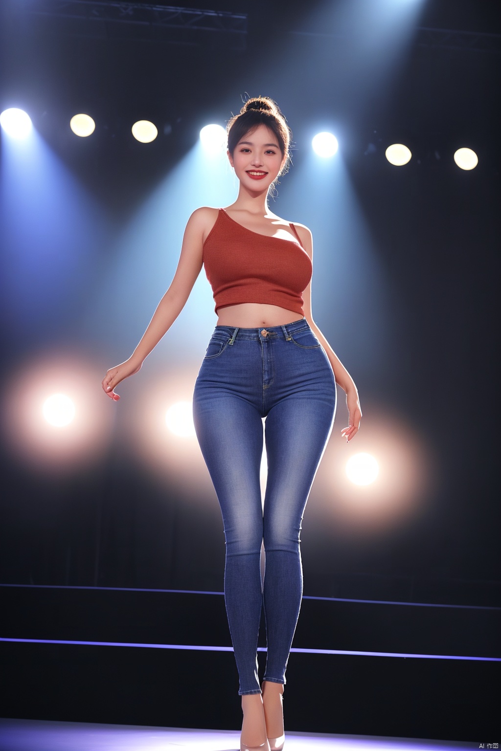 A young woman stands confidently in front of a dimly lit stage, her jeans-clad legs shoulder-width apart as she faces the audience with a bold smile. The spotlight casts a warm glow on her features, highlighting her bright eyes and plump lips. She exudes confidence and charm, commanding attention from the crowd.