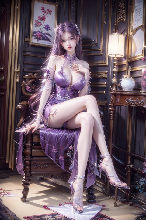  1 girl, purple hair, big breasts, sitting posture, whole body, indoors, high heels, crossed legs, white lace dress,Hair accessories, tattoo charmer