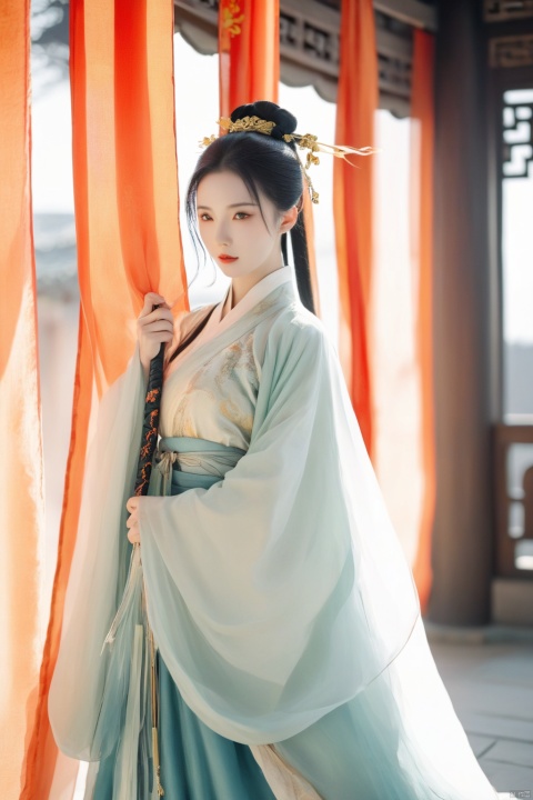 1 Girl,
Black hair, golden eyes, long ponytail, Tang sword in hand,
Front, full body, fine costume details, Hanfu, shoes
Ancient Chinese architecture,
With silk curtains covering your face, zen graphics,
Chinese knot, cloud, breeze