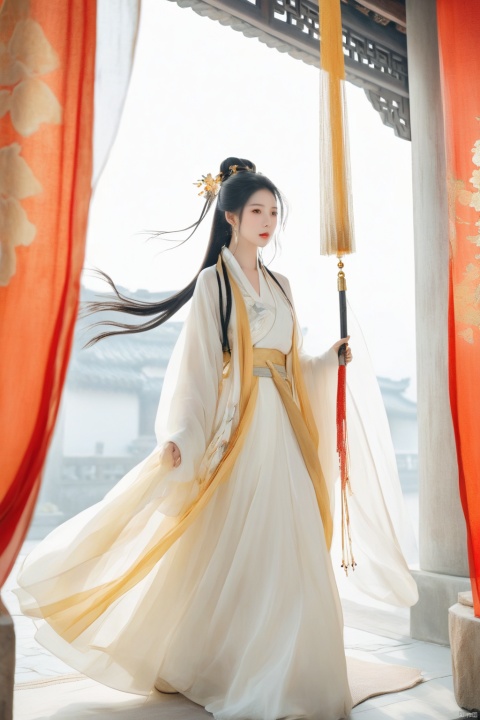 1 Girl,
Long hair, black hair, golden eyes, long ponytail, weapon in hand
Front, full body, fine costume details, Hanfu, high heels
Ancient Chinese architecture,
And cover your face with a silk curtain, leaving plenty of white space, zen graphics,
Butterflies, clouds, breezes