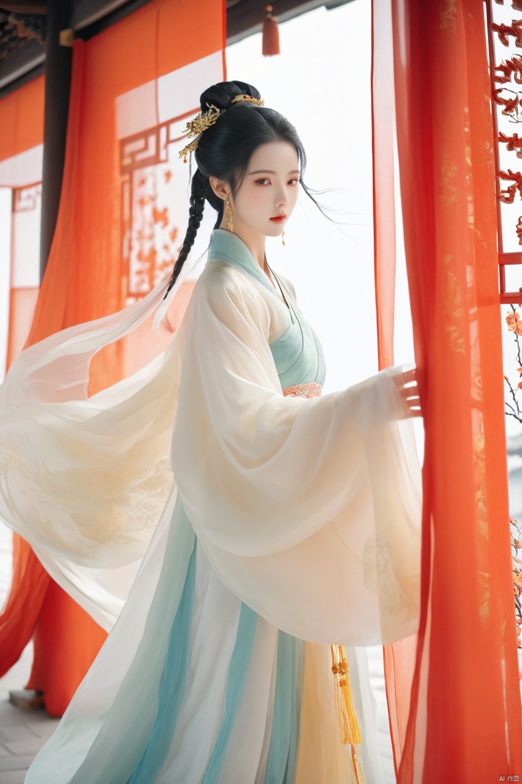 1 Girl,
Black hair, golden eyes, long ponytail,
Front, full body, fine costume details, Hanfu, shoes
Ancient Chinese architecture,
With silk curtains covering your face, zen graphics,
Chinese knot, cloud, breeze