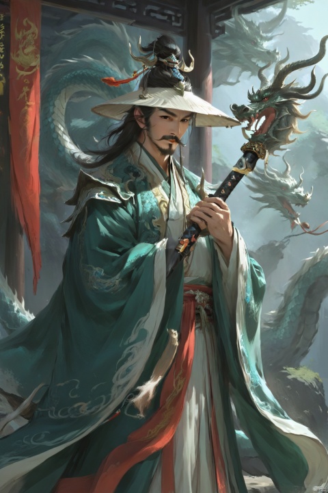 solo, black hair, long sleeves, 1boy, hat, holding, weapon, male focus, sword, wide sleeves, facial hair, chinese clothes, beard, robe, mustache, dragon, antlers, old man, eastern dragon