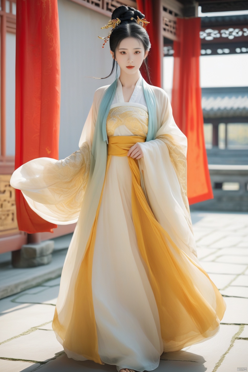 1 Girl,
Black hair, golden eyes, long ponytail,
Front, full body, fine costume details, Hanfu, shoes
Ancient Chinese architecture,
With silk curtains covering your face, zen graphics,
Chinese knot, cloud, breeze