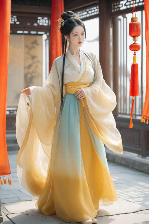 1 Girl,
Black hair, golden eyes, long ponytail,
Front, full body, fine costume details, Hanfu, shoes
Ancient Chinese architecture,
With silk curtains covering your face, zen graphics,
Chinese knot, cloud, breeze