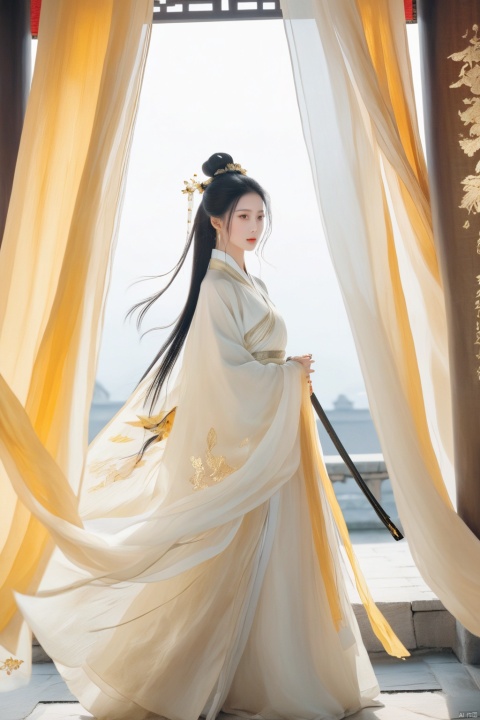 1 Girl,
Long hair, black hair, golden eyes, long ponytail, weapon in hand
Front, full body, fine costume details, Hanfu, high heels
Ancient Chinese architecture,
And cover your face with a silk curtain, leaving plenty of white space, zen graphics,
Butterflies, clouds, breezes