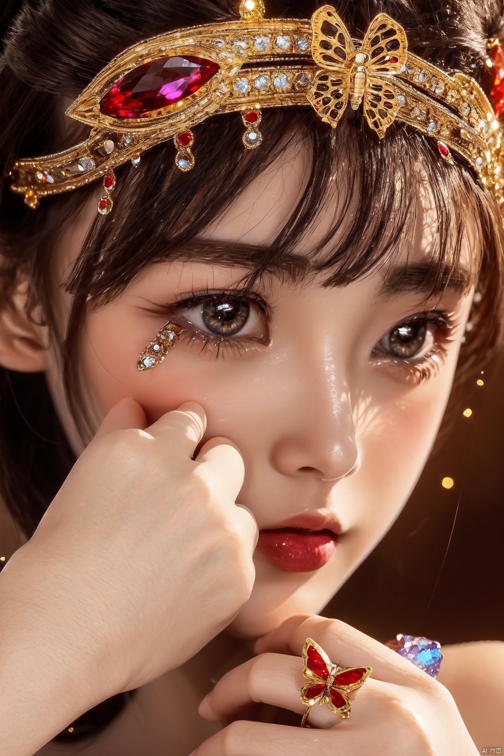 1girl, solo, looking at viewer, red eyes, jewelry, eyelashes, sparkle, ring, bug, gem, butterfly, light particles, close-up, reflection, glint, red gemstone, eye focus