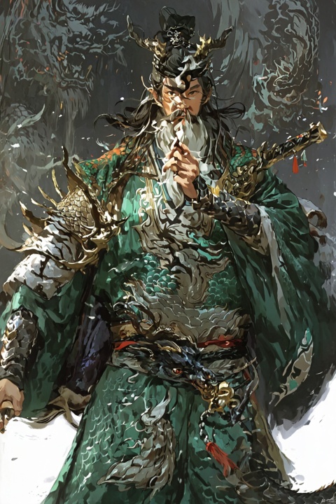 solo, black hair, long sleeves, 1boy, hat, holding, weapon, male focus, sword, wide sleeves, facial hair, chinese clothes, beard, robe, mustache, dragon, antlers, old man, eastern dragon