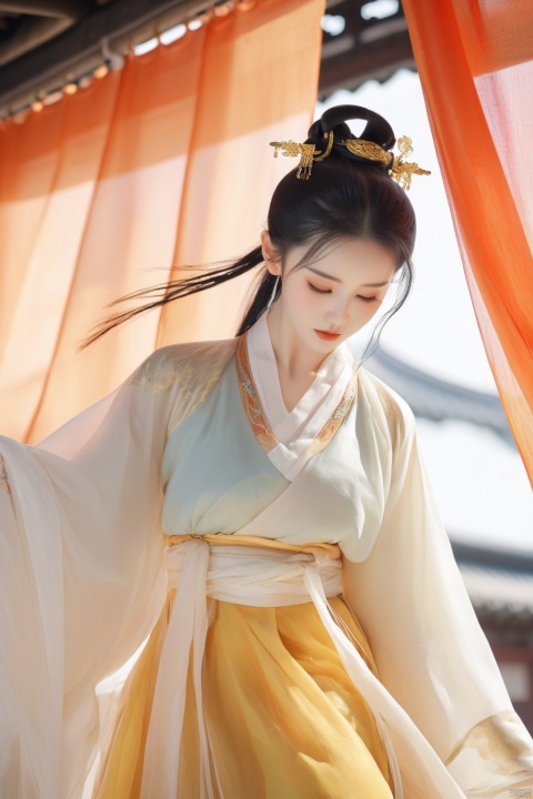 1 Girl,
Black hair, golden eyes, long ponytail,
Front, full body, fine costume details, Hanfu, shoes
Ancient Chinese architecture,
With silk curtains covering your face, zen graphics,
Chinese knot, cloud, breeze